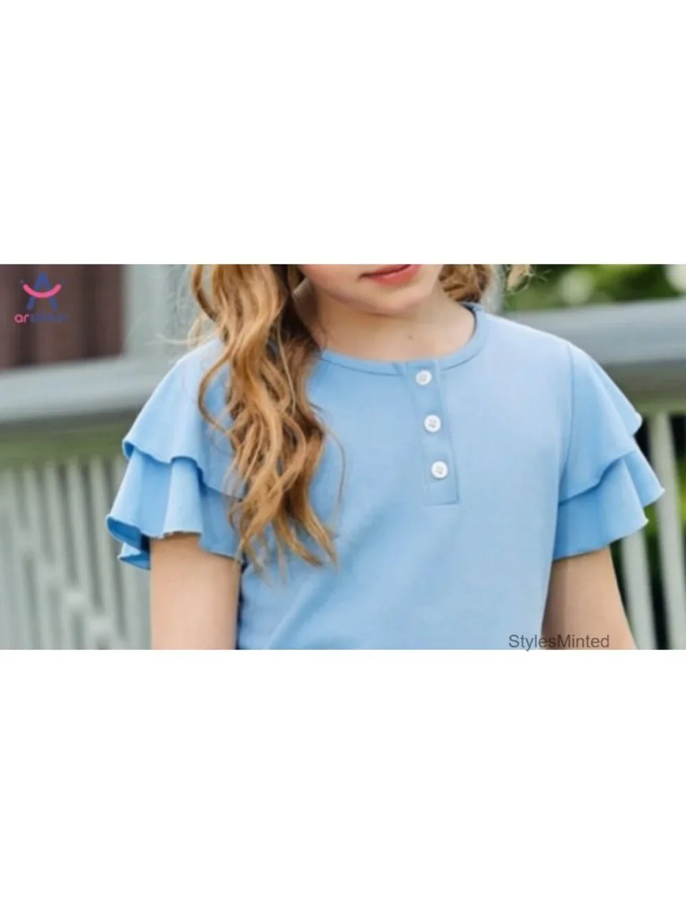 Girls Ruffle Sleeve Button Down Shirt & Shorts 2 Piece Summer Outfit Set